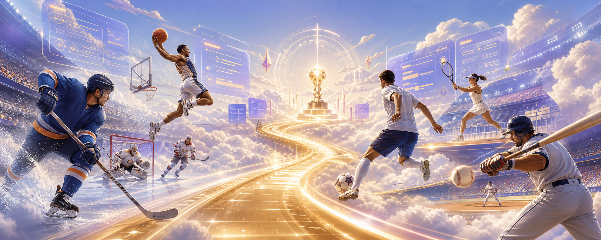 Golden sports betting path featuring ice hockey, basketball, soccer, tennis and baseball